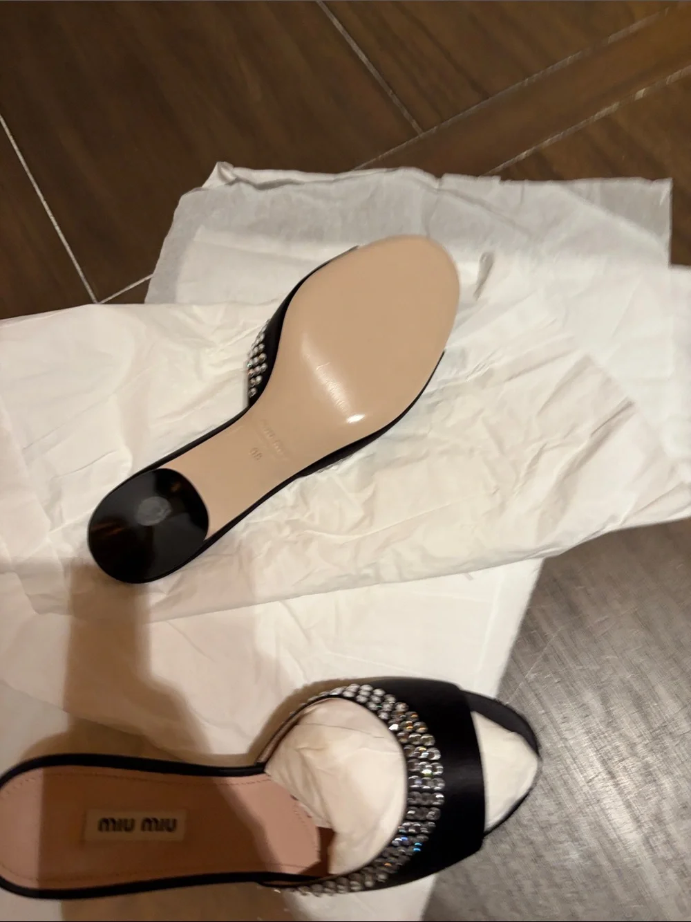 Miu Miu Black Satin Crystal-Embellished Slide Mules - Picture 6 of 6